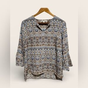 Violet & Claire Blue and Brown Patterned Blouse with Geometric Design Small